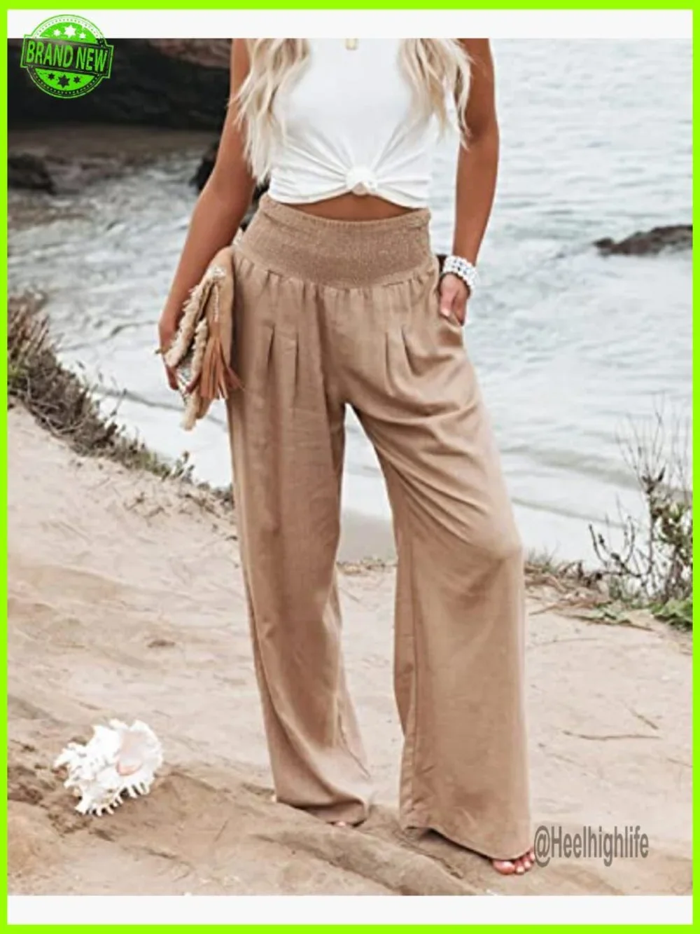 High Waisted Cotton Linen Palazzo Pants Wide Leg Lounge Trousers with Pockets - Picture 5 of 7